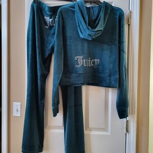 Juicy Couture Velour Sea Teal Tracksuit 2 Pc Set Hoodie & Pants Size XL